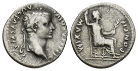 Tiberius, 14-37. Denarius (Silver, 18mm, 3.64 g), Lugdunum. TI CAESAR DIVI AVG F AVGVSTVS Laureate head of Tiberius to right. Rev. PONTIF MAXIM Livia ...