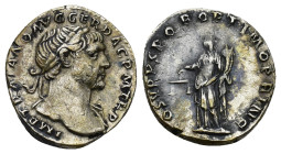 TRAJAN (98-117). Denarius. (17mm, 3.27 g) Rome. Obv: IMP TRAIANO AVG GER DAC P M TR P. Laureate bust right, with slight drapery. Rev: COS V P P SPQR O...