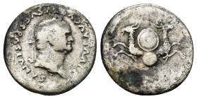 Divus Vespasian AR Denarius. (18mm, 2.86 g) Struck under Titus. Rome AD 80-81. DIVVS AVGVSTVS VESPASIANVS, laureate bust right / SC on shield supporte...