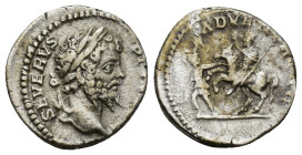 Septimius Severus AR Denarius. (18mm, 2.86 g) Rome, AD 193-211. SEVERVS PIVS AVG, laureate head right / ADVENT AVGG, emperor on horseback left, raisin...