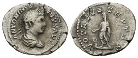CARACALLA (198-217 ). Denarius. (21mm, 2.43 g) Rome. Obv: ANTONINVS PIVS AVG. Laureate and draped bust right. Rev: VOTASVS CEPTAX. Emperor standing le...