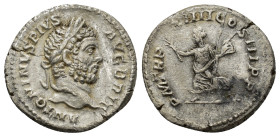 Caracalla Denarius. (19mm, 3.0 g) 211 AD. ANTONINVS PIVS AVG BRIT, laureate head right / P M TR P XIIII COS III P P, Pax running left holding branch &...