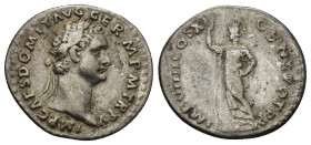 Domitian AR Denarius. (20mm, 3.11 g) Rome, AD 91. IMP CAES DOMIT AVG GERM P M TR P XI, laureate head to right / IMP XXI COS XV CENS P P P, Minerva sta...