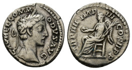 COMMODUS (177-192). Denarius. (17mm, 3.16 g) Rome. Obv: L AVREL COMMODVS AVG. Laureate head right. Rev: TR P IIII IMP III COS II P P. Victory seated l...