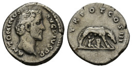 ANTONINUS PIUS (138-161). Denarius. (17mm, 3.1 g) Rome. Obv: ANTONINVS AVG PIVS P P. Laureate head right. Rev: TR POT COS III. She-wolf standing right...