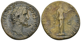 Antoninus Pius Æ Sestertius. (32mm, 23.7 g) Rome, AD 139. ANTONINVS AVG PIVS P P TR P COS III, laureate head right / IMPERATOR II, Fides standing faci...