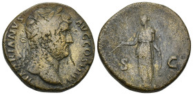 Roman Imperial Hadrian AD 117-138. Rome Sestertius Æ (29mm, 21.7 g). HADRIANVS AVG COS III P P, bare head right / Diana standing left, holding arrow a...