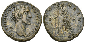 Antoninus Pius Æ Sestertius. (32mm, 25.0 g) Rome, AD 140-144. ANTONINVS AVG PIVS P P TR P COS III, laureate head right / ANNONA AVG, Annona standing r...