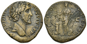 ANTONINUS PIUS (138-161). Sestertius. (30mm, 23.8 g) Rome. Obv: ANTONINVS AVG PIVS P P. Laureate head right. Rev: TR POT COS III DES IIII / S - C. Sal...