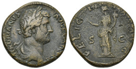 HADRIAN, A.D. 117-138. AE Sestertius (30mm, 26.1 g), Rome Mint, A.D. 134-138. RIC-748. "HADRIANVS AVG COS III P P", laureate and draped bust of Hadria...