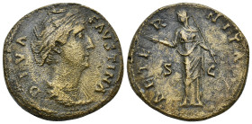Diva Faustina AD 140-141. Rome Sesterz Æ (29mm, 22.1 g). DIVA FAVSTINA. Draped bust right. / AETERNITAS / S - C. Aeternitas standing right, head left,...