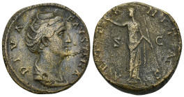 Diva Faustina AD 140-141. Rome Sesterz Æ (30mm, 28.2 g). DIVA FAVSTINA. Draped bust right. / AETERNITAS / S - C. Aeternitas standing right, head left,...