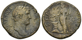Hadrian. A.D. 117-138. AE sestertius (31mm, 24.0 g). Rome mint, Struck A.D. 138. HADRIANVS AVG COS III P P, laureate head of Hadrian right / SALVS AVG...