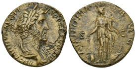 Antoninus Pius Æ Sestertius. (30mm, 19.2 g) Rome, AD 140-144. ANTONINVS AVG PIVS P P TR P COS III, laureate head right / ANNONA AVG, Annona standing r...