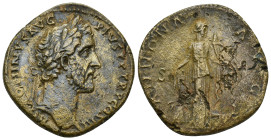 Antoninus Pius Æ Sestertius. (32mm, 22.38 g) Rome, AD 140-144. ANTONINVS AVG PIVS P P TR P COS III, laureate head right / ANNONA AVG, Annona standing ...