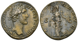 Antoninus Pius Æ Sestertius. (30mm, 24.6 g) Rome, AD 140-144. ANTONINVS AVG PIVS P P TR P COS III, laureate head right / ANNONA AVG, Annona standing r...
