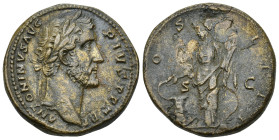 Antoninus Pius. AD 138-161. Æ Sestertius (31mm, 23.6 g). Rome mint. Struck AD 145-147. Laureate head right / COS II II, S C across field, Salus standi...