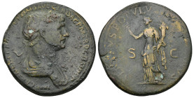 TRAJAN, A.D. 98-117. AE Sestertius (27.65 Gr. 34mm.) Rome 
Laureate and draped bust right
 Rev. Felicitas standing left, holding caduceus and cornucop...