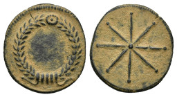 Commemorative Series AE. Medallette(?). Struck under Constantine I. Constantinople 
(1.7 Gr. 16mm)
 Laurel wreath with central jewel. 
Rev. Eight-raye...