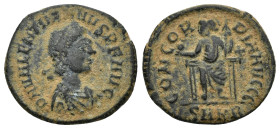 Valentinian I AE Nummus. Cyzicus, AD 378-383. (2.9 Gr. 19mm.)
Diademed, draped and cuirassed bust right 
Rev. CONCORDIA AVGGG, Roma, seated facing hea...