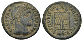 Constantine I AE Follis. Kyzikos, AD 324-325. (2.20 Gr. 18mm.)
Laureate head right 
Rev. camp gate with two turrets, six layers, no doors, star above,...
