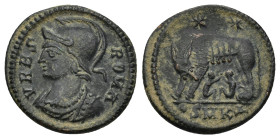Commemorative Series AE. Nummus. Cyzicus, AD 331-334. (2.43 Gr. 18mm.)
Helmeted and cuirassed bust left 
Rev. She-wolf standing left, suckling the twi...
