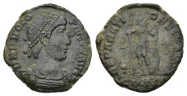 Procopius. Usurper, AD 365-366. AE (2.34 Gr. 16mm.). Nicomedia 
 Pearl-diademed and cuirassed bust right 
Rev. Emperor standing facing, head right, ho...