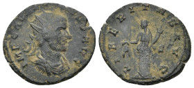 Aurelian AD 270-275. AE Antoninianus. Siscia. (3.7 Gr. 21mm.)
Radiate and draped bust right 
Rev. LIBERTAS AVG, Libertas standing left, holding cap an...