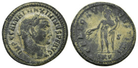 MAXIMINUS II. 309-313 AD. AE. Follis (6.7 Gr. 23mm.). Cyzicus mint. Struck 311 AD. 
Laureate head right 
Rev. Genius standing left, holding patera in ...