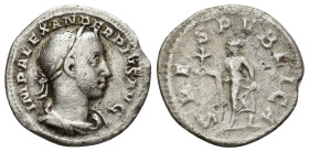 Severus Alexander. Denarius. 231-235 AD. Rome. (2.57 Gr. 19mm.)
 Laureate and draped bust right. 
Rev. Spes walking to left, holding flower and raisin...