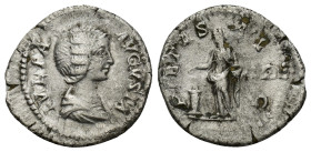 JULIA DOMNA Augusta, 193-211 AD. AR, Denarius. Rome. (2.86 gr. 19mm.)
 Draped bust of Julia Domna, right.
 Rev. Pietas standing left, sacrificing over...