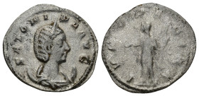 Salonina AR Antoninianus. Rome, AD 256-257. (2.81 Gr. 22mm.)
Diademed and draped bust right, set on crescent 
Rev. Juno standing left, holding patera ...