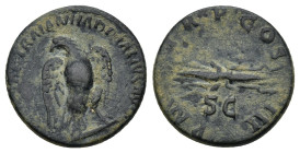Hadrian. A.D. 117-138. AE Quadrans (2.40 Gr. 16mm.). Rome 
Eagle standing right on thunderbolt, head left, with wings displayed 
Rev. P M TR P COS III...
