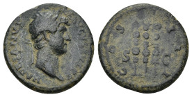Hadrian. A.D. 117-138. AE Quadrans (3.49 Gr. 17mm.). Rome 
Laureate head right 
Rev. COS III, three standards; S-C.