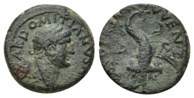 DOMITIAN (Caesar, 69-81). Ae Semis. Uncertain mint, possibly Ephesus. (2.89 Gr. 15mm.)
Laureate head right. 
Rev. Cornucopia.