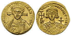 Justinian II, Second Reign, AV Solidus. (20mm, 4.33 g) Constantinople, AD 705-11. d N IhS ChS RЄX RЄGNANTIVM, facing bust of Christ, raising hand in b...