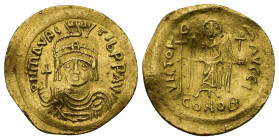 Maurice Tiberius (582-602 AD). AV solidus (20mm, 4.38 g), c. 583-601, Constantinople. Obv. D N MAVRC TIb P P AVC, Cuirassed bust facing, wearing plume...