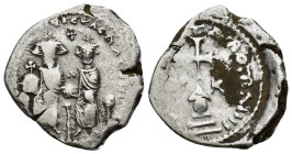 Heraclius, with Heraclius Constantine, 610-641. silver Hexagram (5 Gr. 22mm.), Constantinople Enthroned draped and facing figures of Heraclius, larger...