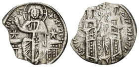 ANDRONICUS II & MICHAEL IX, (1295-1320), silver basilikon (1.8 Gr. 21mm), Constantinople 
 IX-XC, around KVPOI BOHOEI, Christ enthroned facing. 
Rev. ...