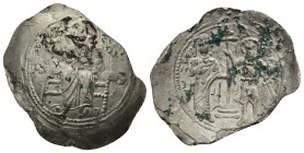 Byzantine John II. Aspron EL Trachy Nomisma; John II; 118-1143 AD. Constantinople
 (2 Gr. 28mm)
Christ seated facing on throne. 
Rev. John II and Sain...