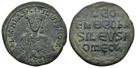 Leo VI AE Follis Leo VI (886-912 AD). AE Follis (8.24 Gr. 26mm), Constantinople. 
Crowned bust of Leo facing, wearing chlamys, holding akakia in left ...