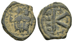 Justin II 565-578 AD, AE, Constantinople (5.9 Gr. 24mm) 
Justin II, on left, and Sophia, on right, seated facing on double throne, both nimbate, Justi...