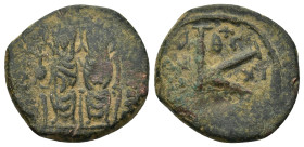 Justin II, with Sophia AE. Nummi. Thessalonica. (5.7 Gr. 24mm) 
 Justin, holding globus cruciger, and Sophia, holding cruciform sceptre, both nimbate,...