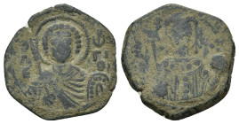 Manuel I Comnenus. 1143-1180. AE (2.77 Gr. 19mm. ). Thessalonica.
 Γ/Є-ΓΙ/ΟC, half-length bust of St. George facing, holding spear and shield 
Rev. Bu...