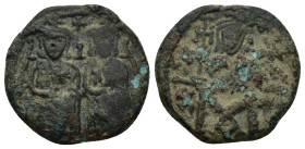 Constantine V Copronymus, with Leo IV and Leo III (AD 741-775). Constantinople AE Follis (20mm, 4.44 g) Obv: Crowned and draped facing busts of Consta...