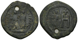 Maurice Tiberius. 582-602. AE 8 Pentanummia (12.35 Gr. 31mm.). Cherson mint. 
Maurice, holding globus cruciger, and Empress Constantina, holding cruci...
