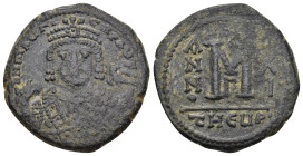Maurice Tiberius. 582-602. Æ Follis (28mm, 12.09 g). Antioch mint, 3rd officina. Dated RY 11 (AD 592/3). Crowned facing bust, wearing consular robes, ...