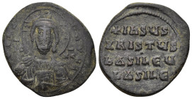 Basil II Bulgaroktonos, with Constantine VIII AD 976-1025. Constantinople Follis Æ (29mm, 11.61 g). IC-XC to left and right of bust of Christ, facing,...