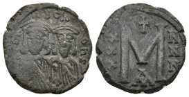 Leo V and Constantine AD 813-820. Constantinople Follis Æ (21 mm, 5.79 g) [LЄOҺ] S COҺS, crowned facing busts of Leo and Constantine / Large M, XXX-NN...