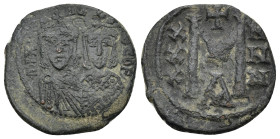 MICHAEL I RHANGABE with THEOPHYLACTUS, 811-813 AD. AE, Follis. (22mm, 4.29 g) Constantinople. Obv: MI[XA]HL S ΘEOFI Crowned facing busts of Michael an...